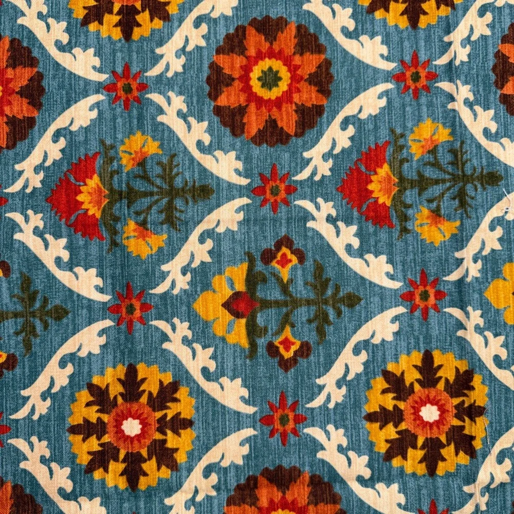 Waverly Mayan Medallion Upholstery Fabric Remnant Floral Teal Orange Red 1.5 Yd